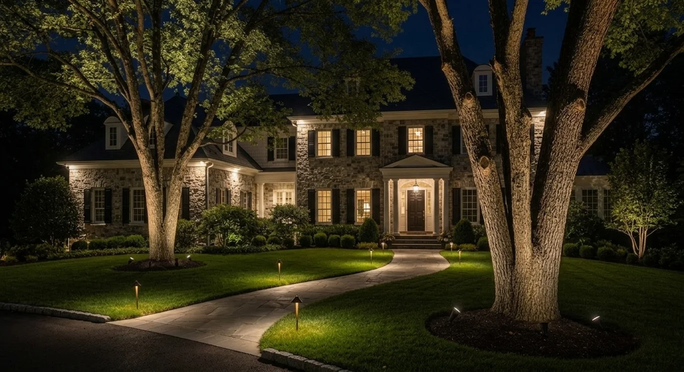 Home exterior after landscape lighting installation