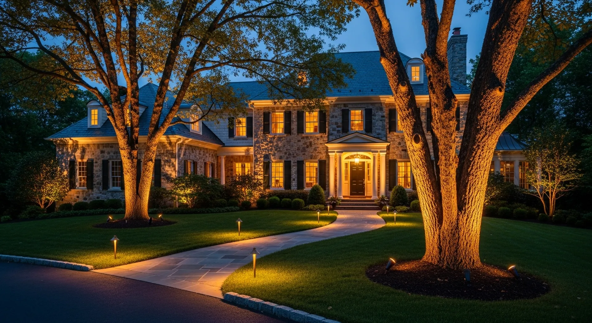 Landscape lighting on a DC metro area home at night