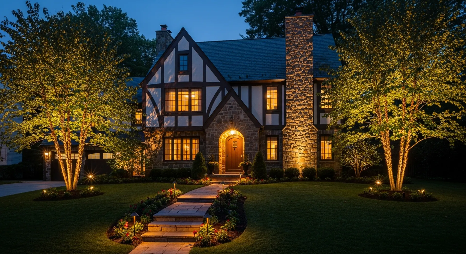 Uplighting highlighting architectural features of a home